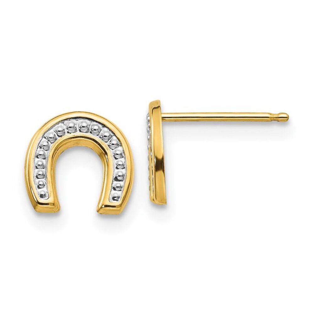 Kids 14k Yellow Gold & White Rhodium Two-Tone Horseshoe Post Earrings